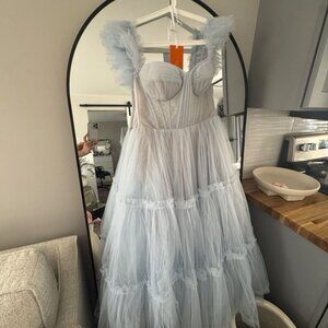 Light Blue Ruffled Tulle Midi Dress by Milla